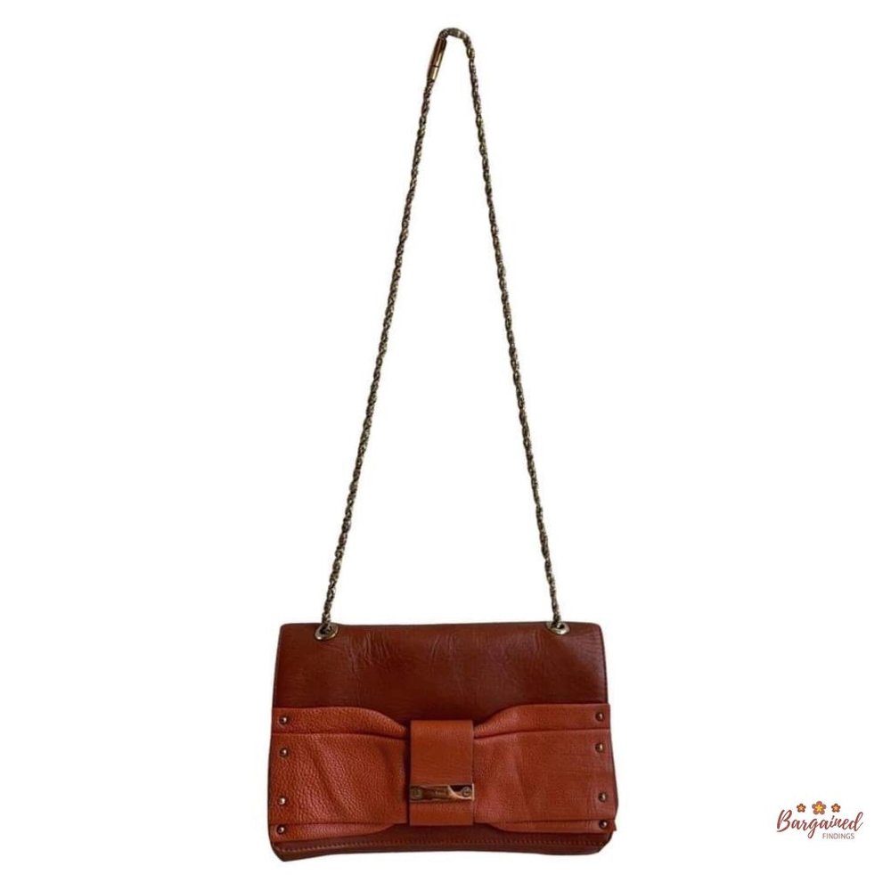 Authentic Chloe Brick Red/Orange Calfskin Leather June Bow Chain Shoulder Bag